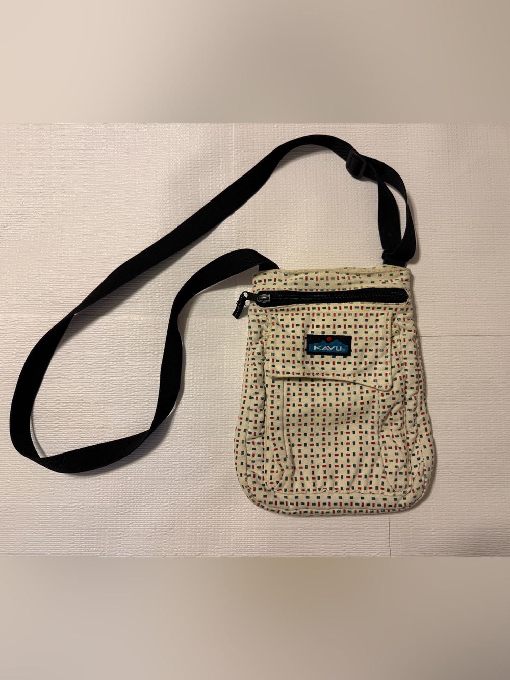Kavu Cream Crossbody Belt Bag with Red and Green Dot Pattern
